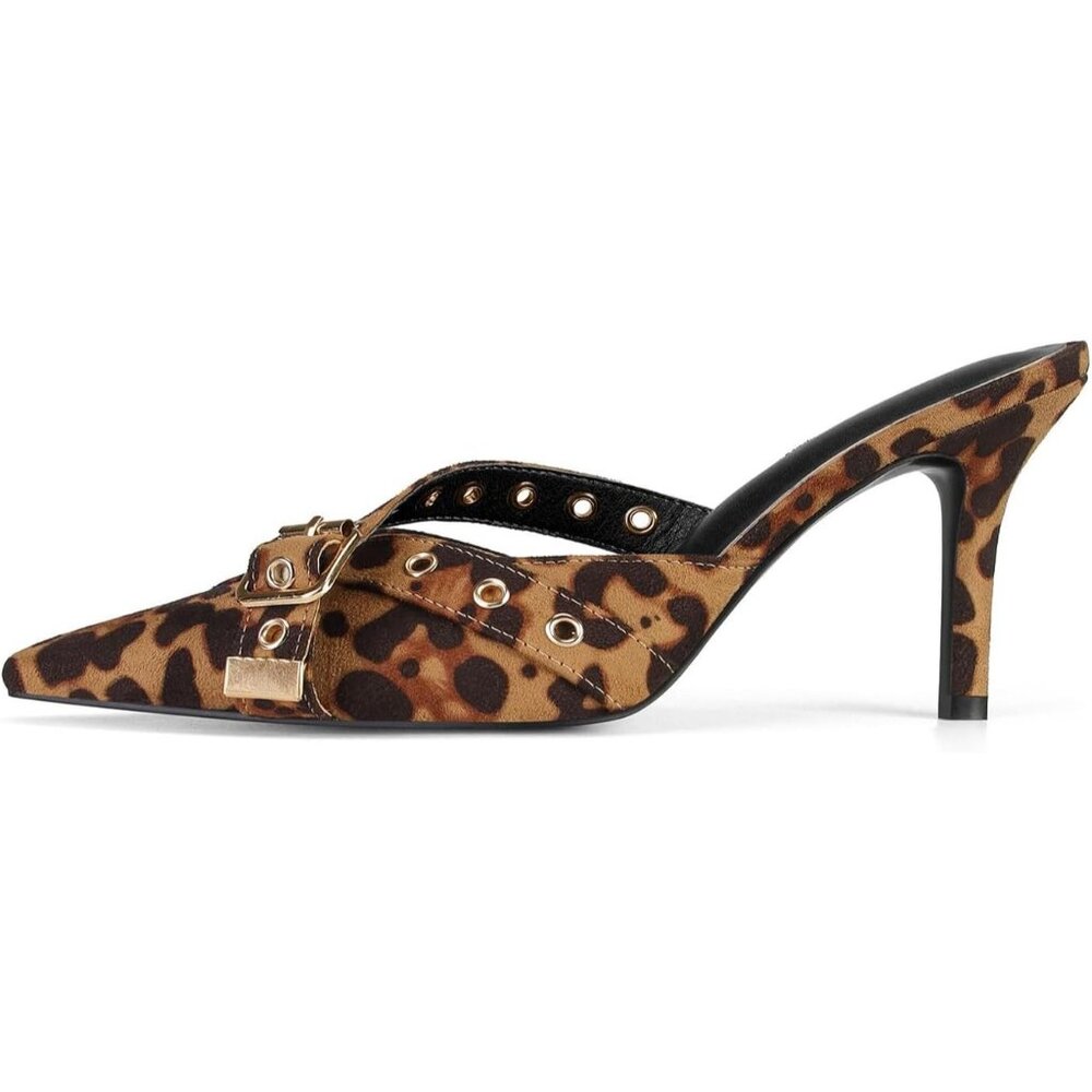 Women's Leopard Print Pointed Closed Toe Dressy Bow Heel Vintage Heeled Mules - Picture 1 of 7